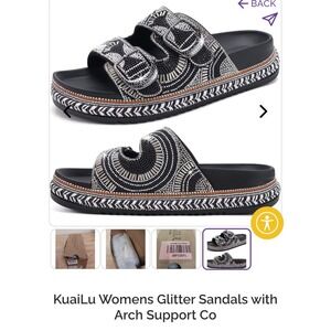 KuaiLu Womens Beaded Glitter Slide Sandals Black Silver Arch Support Size 6